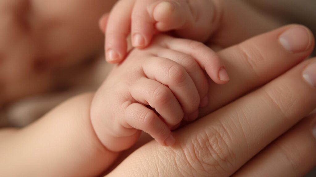 「赤ちゃんの手元（爪）＋ママの手」の写真