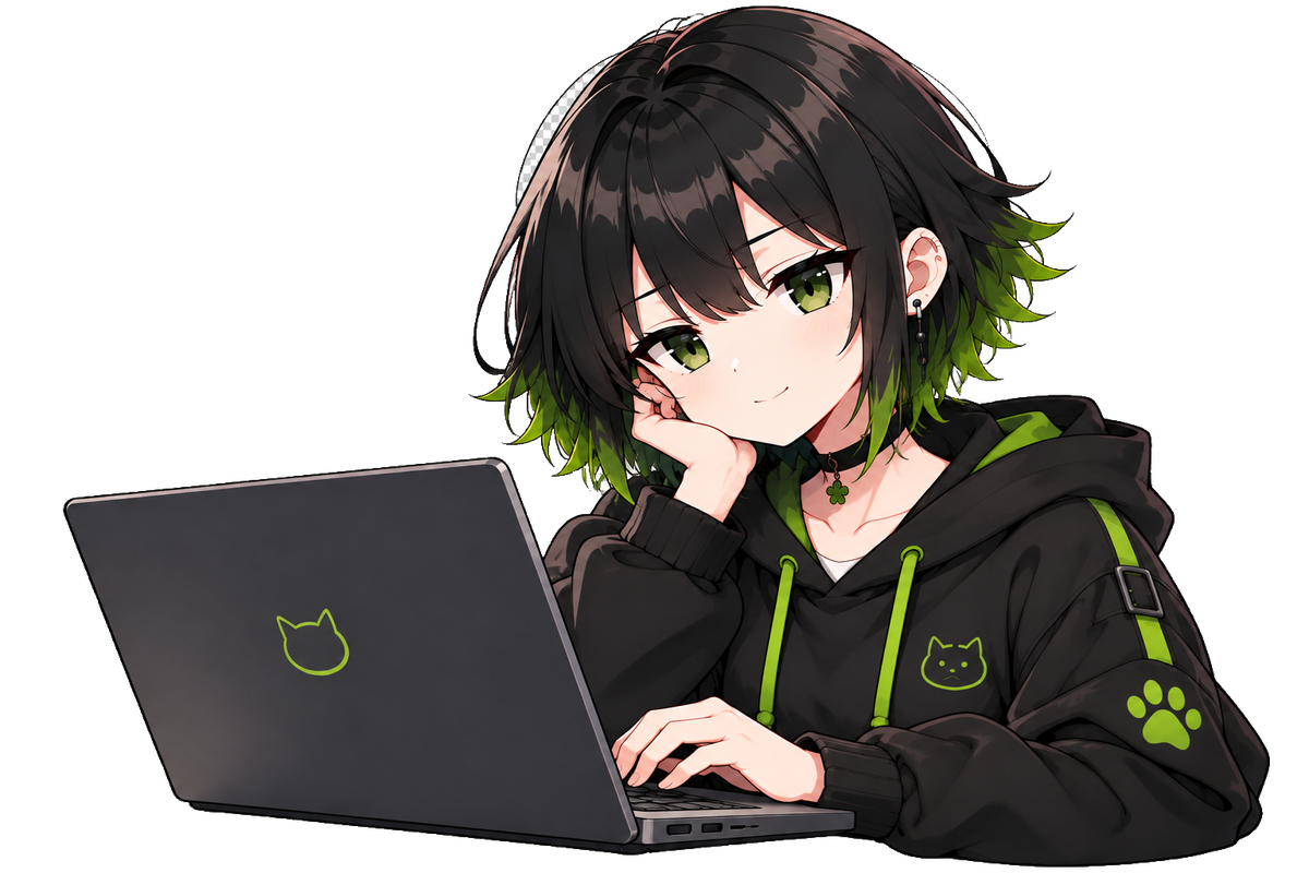 ノートPCを操作するSANA BLOG案内役のサナ